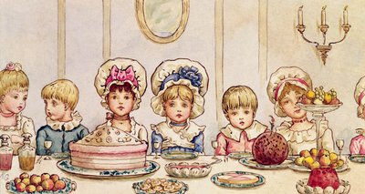 1879年クリスマス、イラスト入りロンドンニュースの「リトルピープルトンマナーのクリスマス」の夕食 作： Kate Greenaway